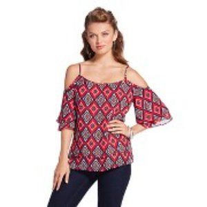 NWT 3Hearts Aztec Print Cold Shoulder Blouse in Chili Red/Black-Size M